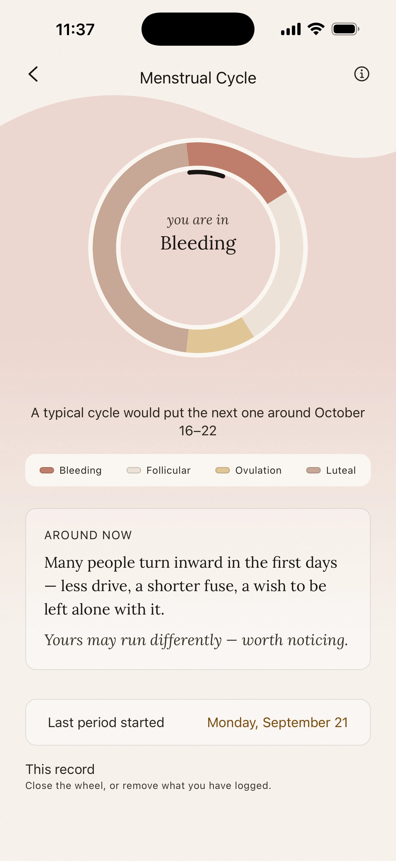 The Menstrual Cycle screen: a ring marking the bleeding phase, a typical next cycle in mid October, and a note that many people turn inward in the first days.