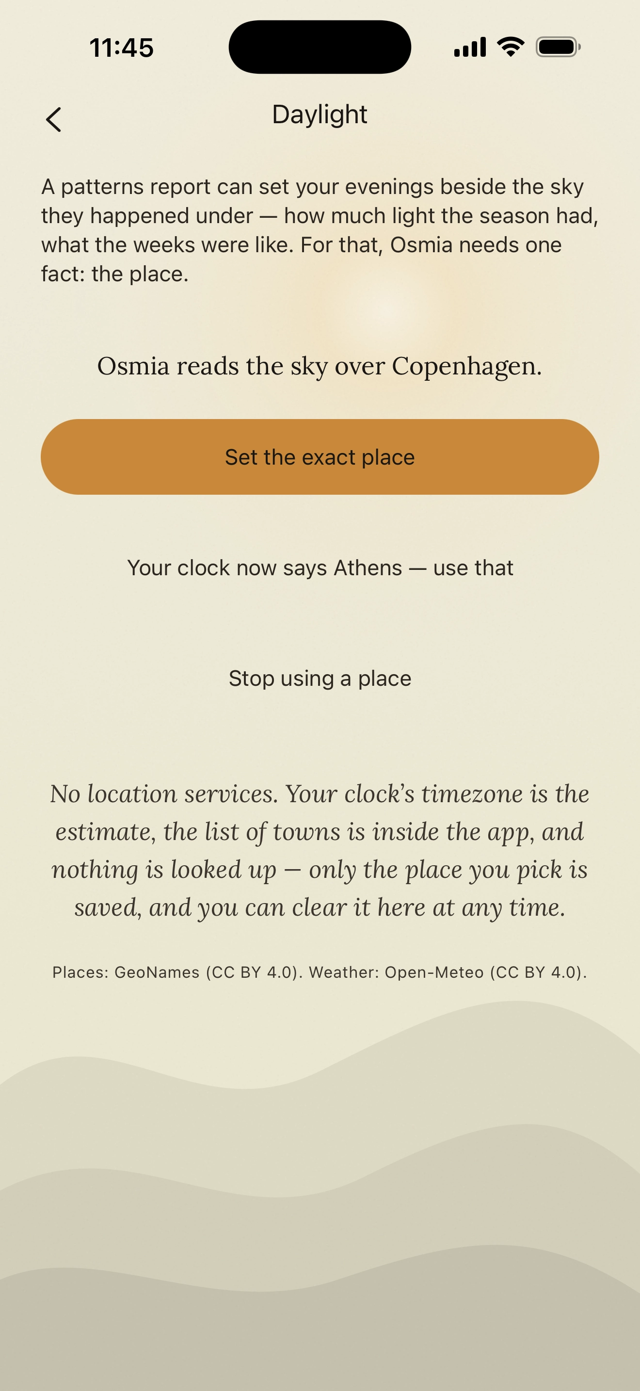 The Daylight screen: Osmia reads the sky over Copenhagen, set from a list of towns inside the app, with no location services and nothing looked up.