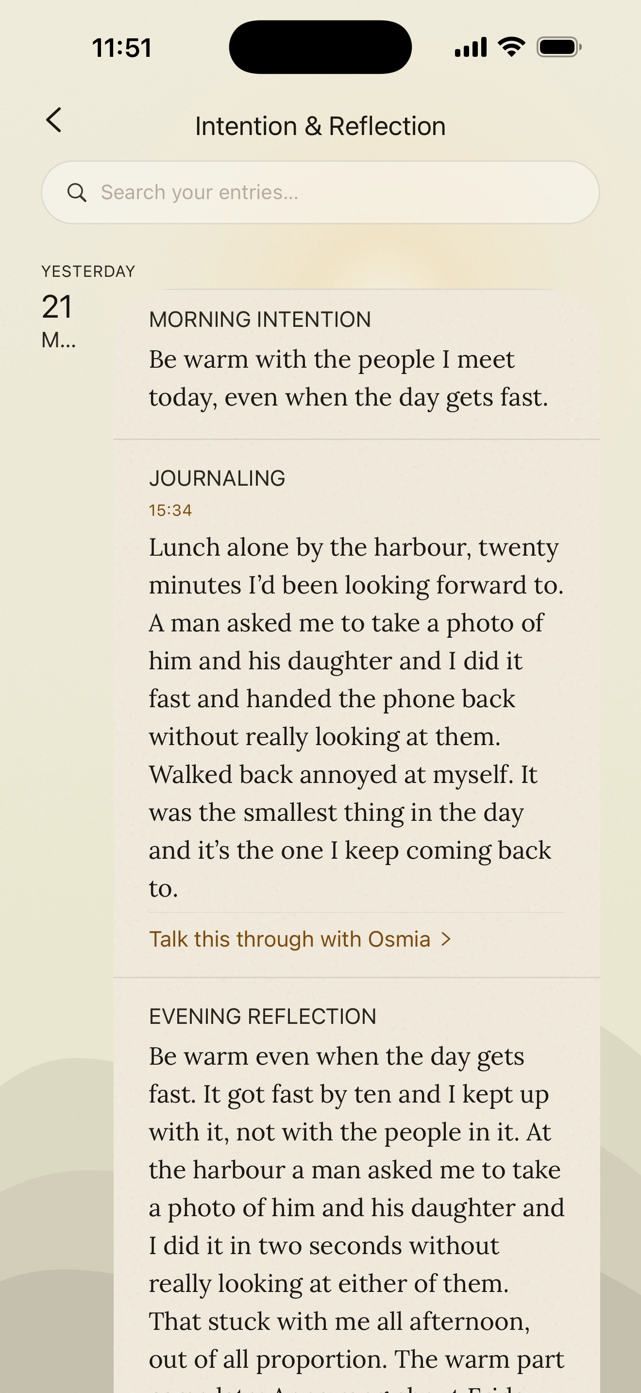 The History record for today: the morning intention, a journal entry from the afternoon with Talk this through with Osmia, and the evening reflection, all on one dated page.