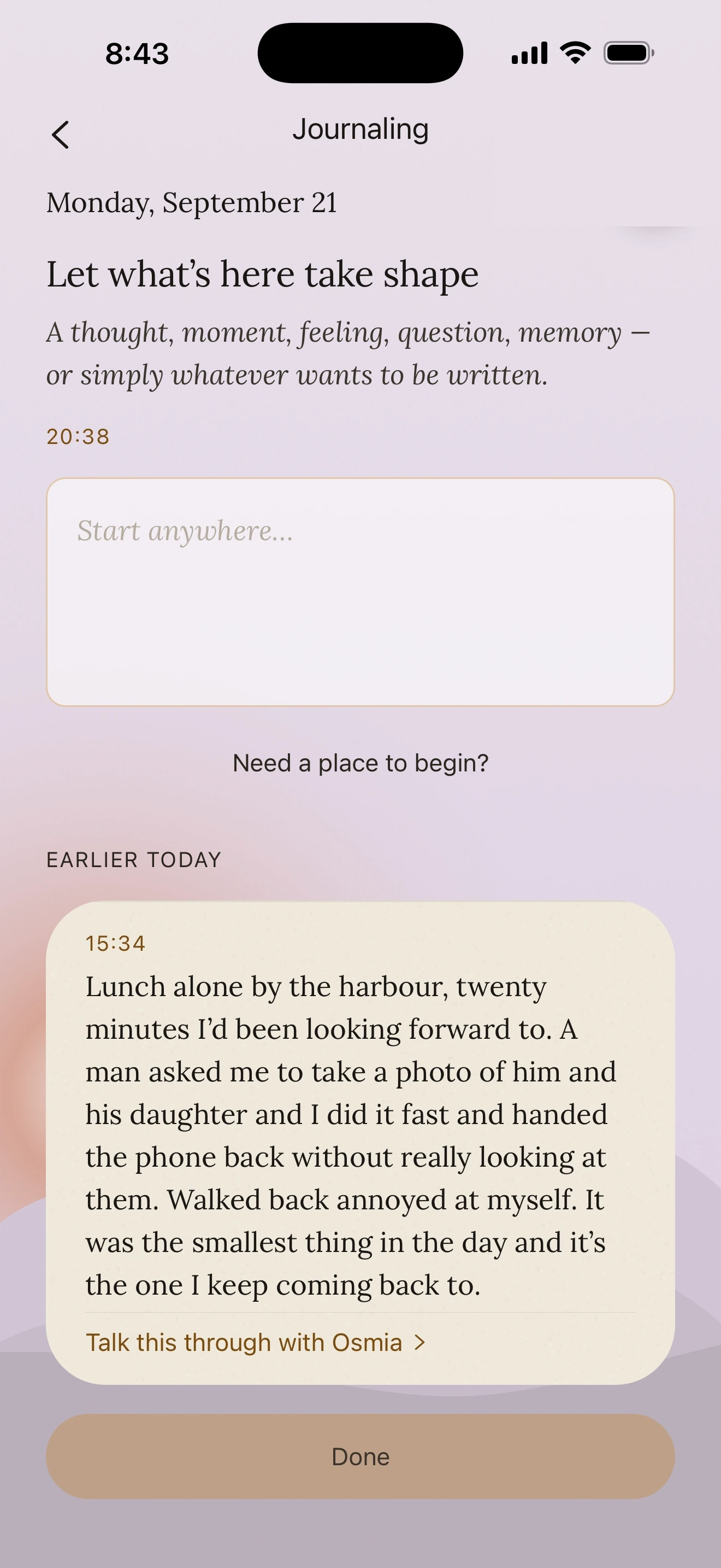 The Journaling screen: an open invitation to write - a thought, a moment, a feeling - with an entry from earlier in the day kept below.