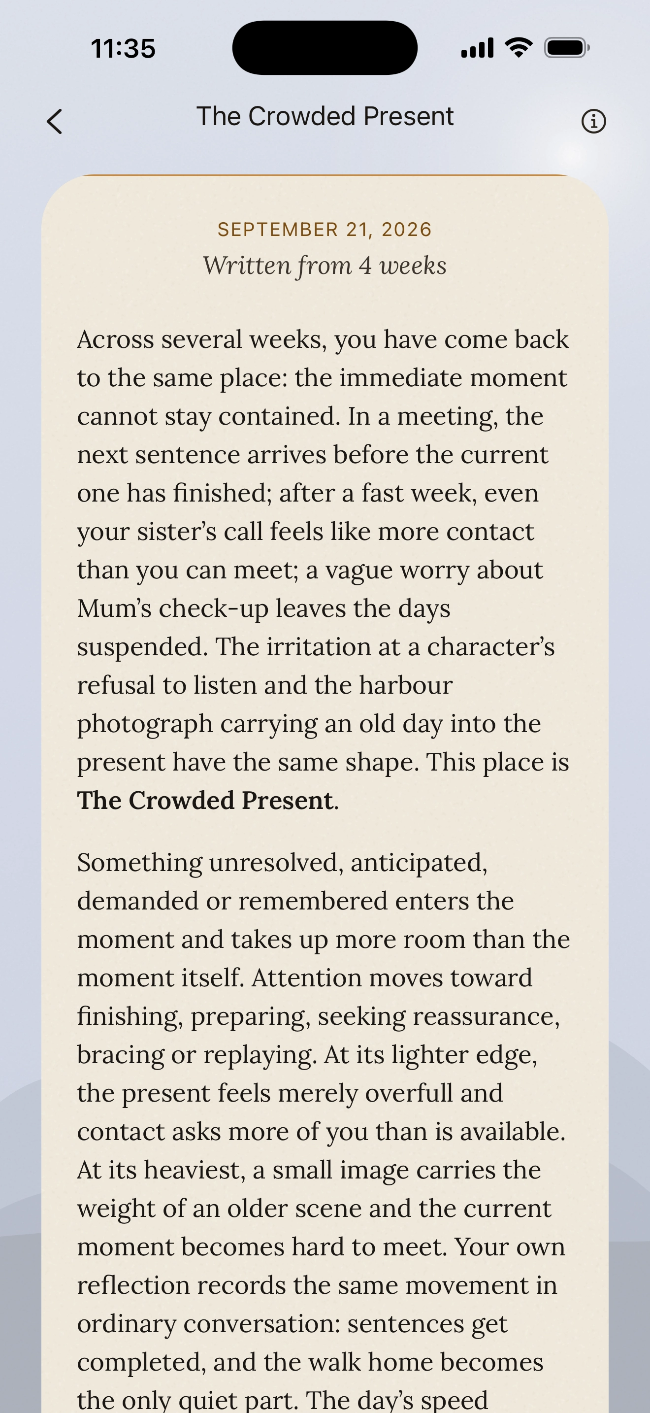 The Patterns screen: a report titled The Crowded Present, describing a place the person keeps returning to where the immediate moment cannot stay contained.