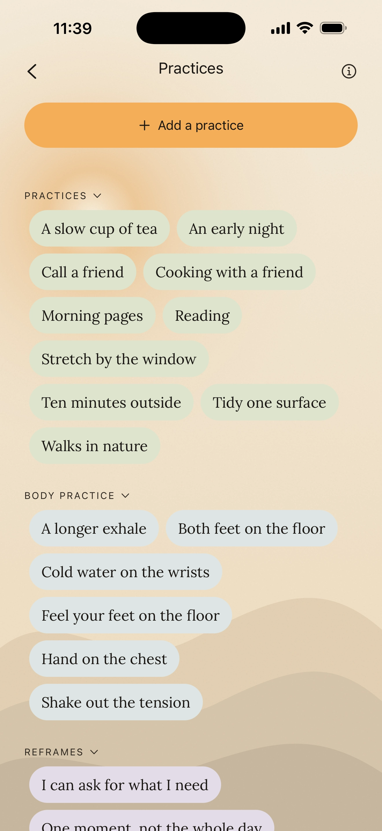 The Practices screen: your own practices grouped by kind - Practices, Body practice, Reframes and Mantras - each in its own colour.