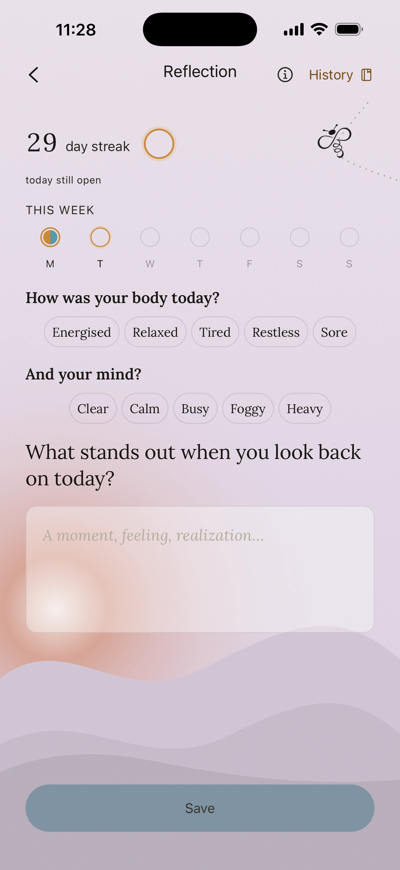 The Reflection screen: a 29-day streak, this week, and today held together - the morning intention above and the evening reflection written below it.