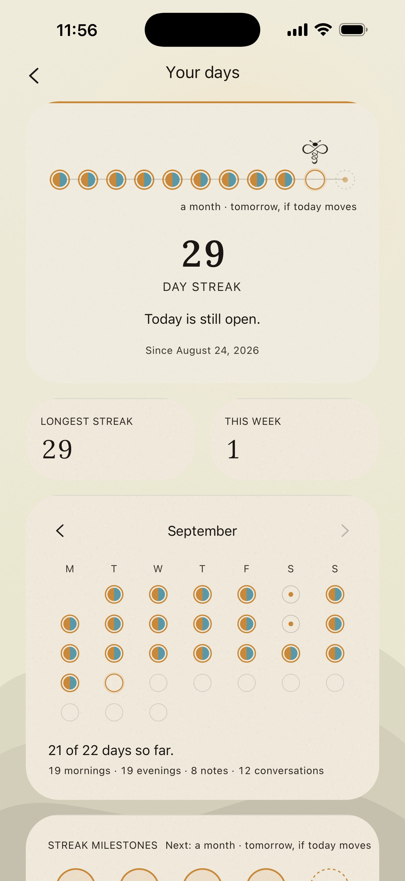 The Your days screen: a 29-day streak, a longest streak of 29, one day this week, and a September calendar of the mornings and evenings kept.