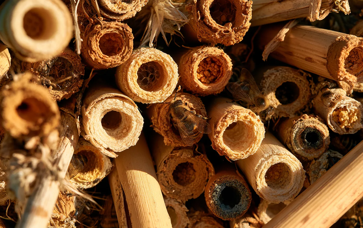 Close up of a bee hotel: hollow reeds and paper tubes, some sealed with mud and pollen, with bees at the entrances.