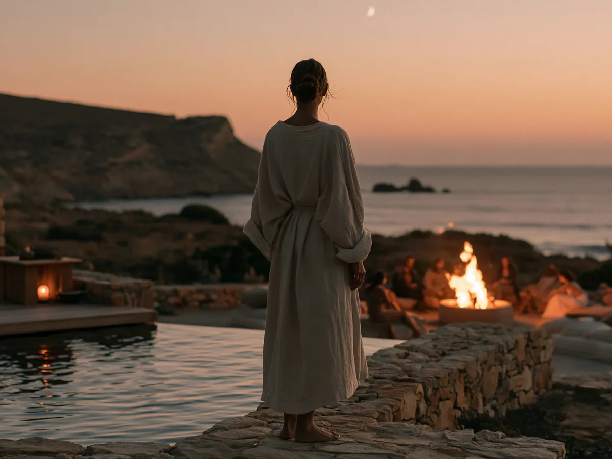 A woman in a linen dress stands above the sea at dusk, looking towards people gathered around a fire.