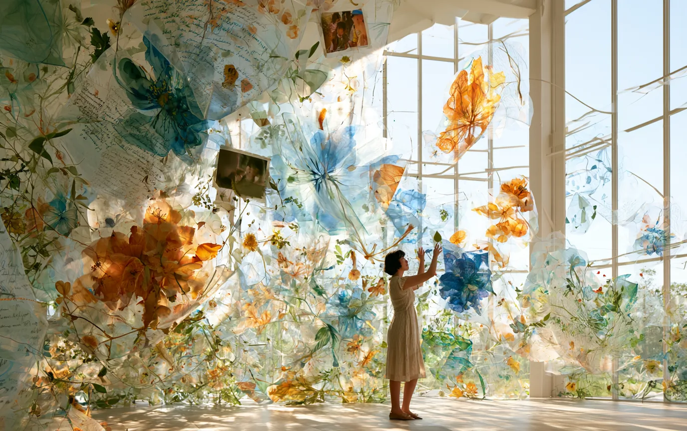 A woman reaches up into a sunlit room hung with pressed flowers, handwritten pages and photographs.
