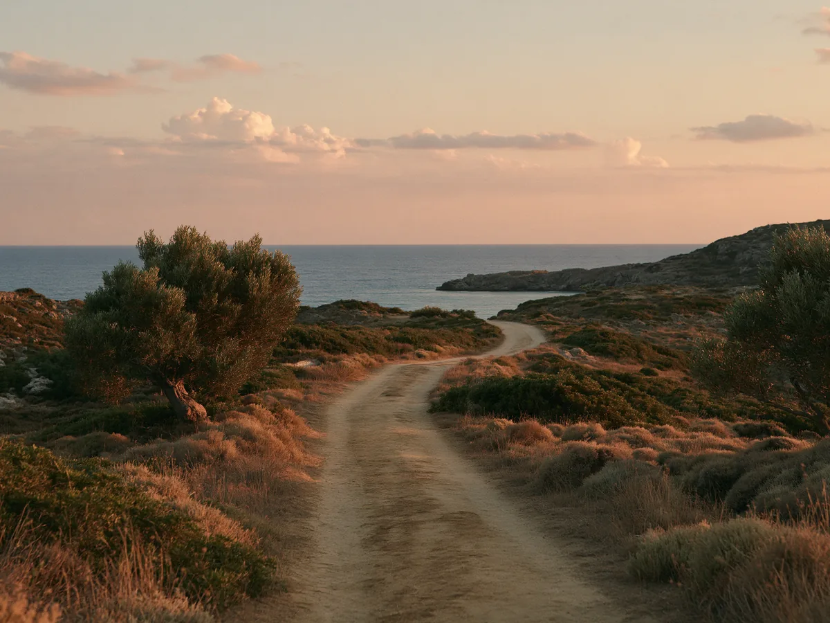 A dirt path winds through olive trees and dry grass towards the sea in the evening light.