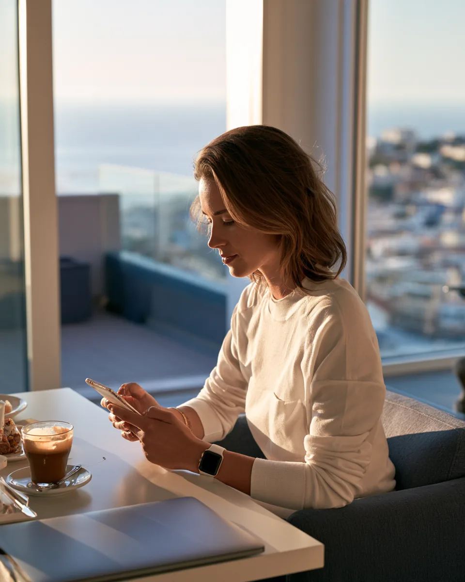 A woman looks at her phone at a table by a sunlit window, a coffee beside her and the sea and a town beyond.