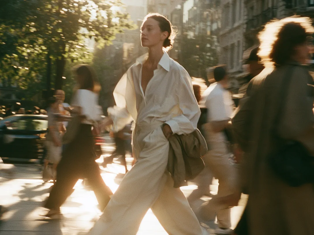 A woman in white walks through a crowded city street in low sunlight.